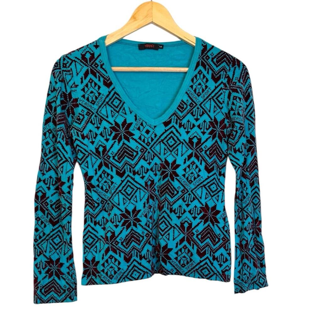 Versace Sport Turquoise Maroon Velvet Aztec Print Southwestern Blouse large